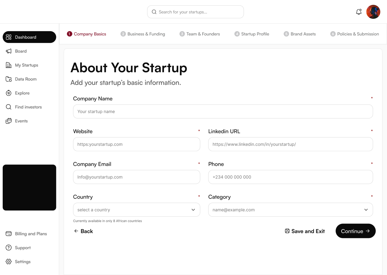 Seed six-step listing form on the Company Basics step.