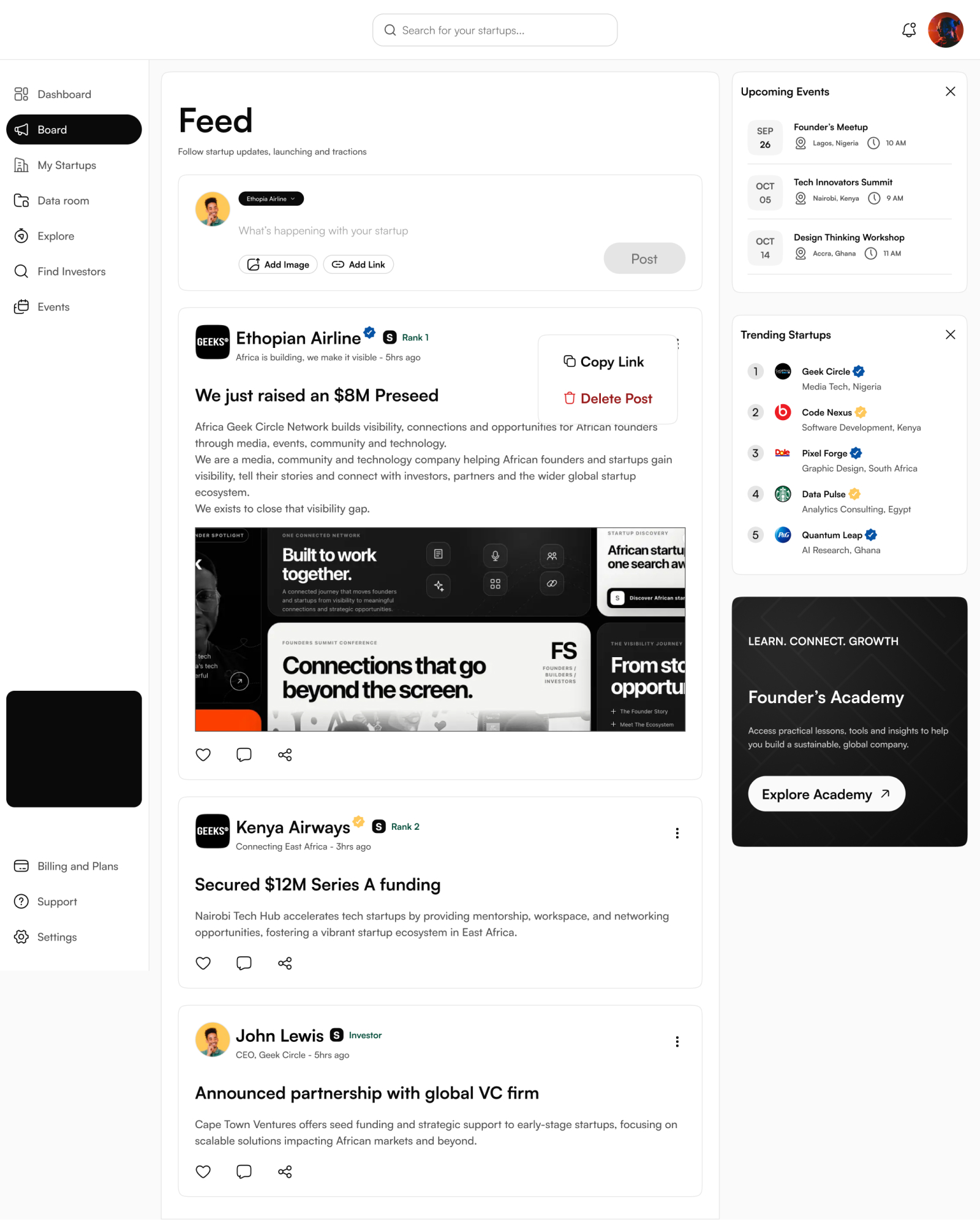 Seed Board feed with a post composer, startup updates, upcoming events and trending startups.