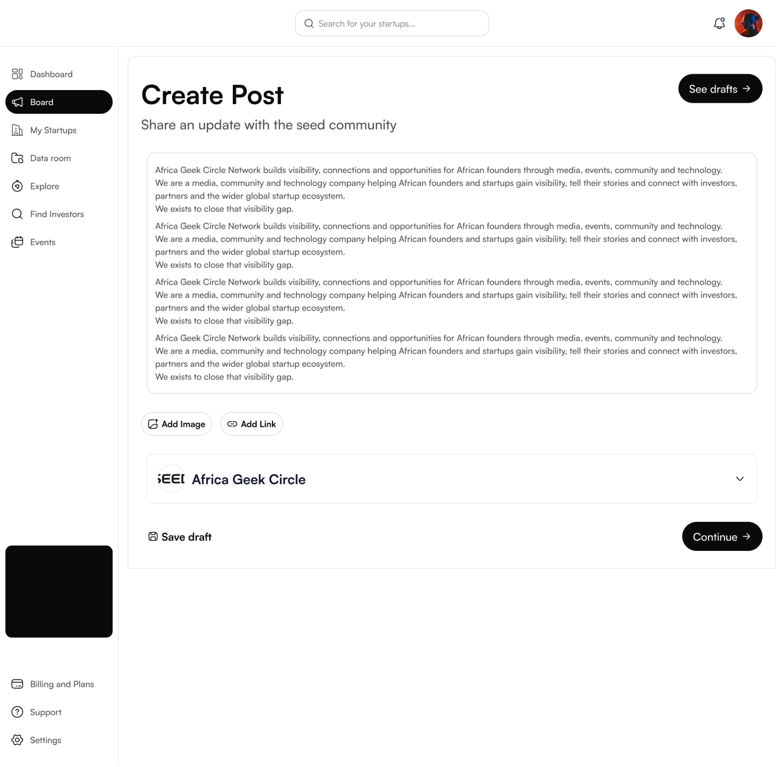 Seed create post screen with text, image and link options and a startup selector.