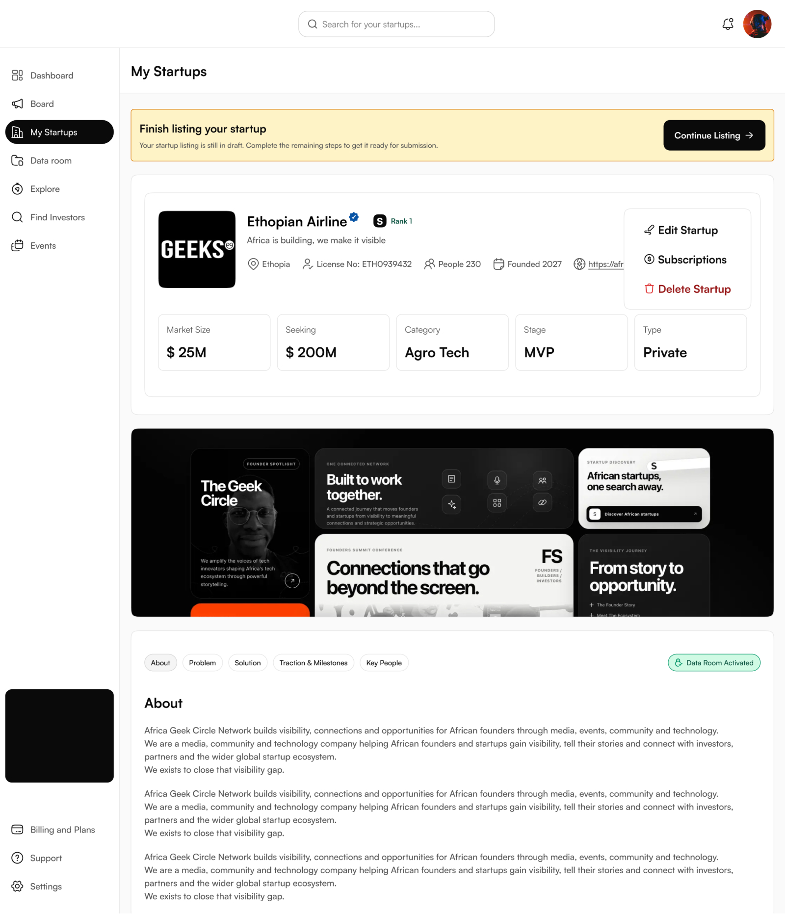 Seed startup profile with a draft banner