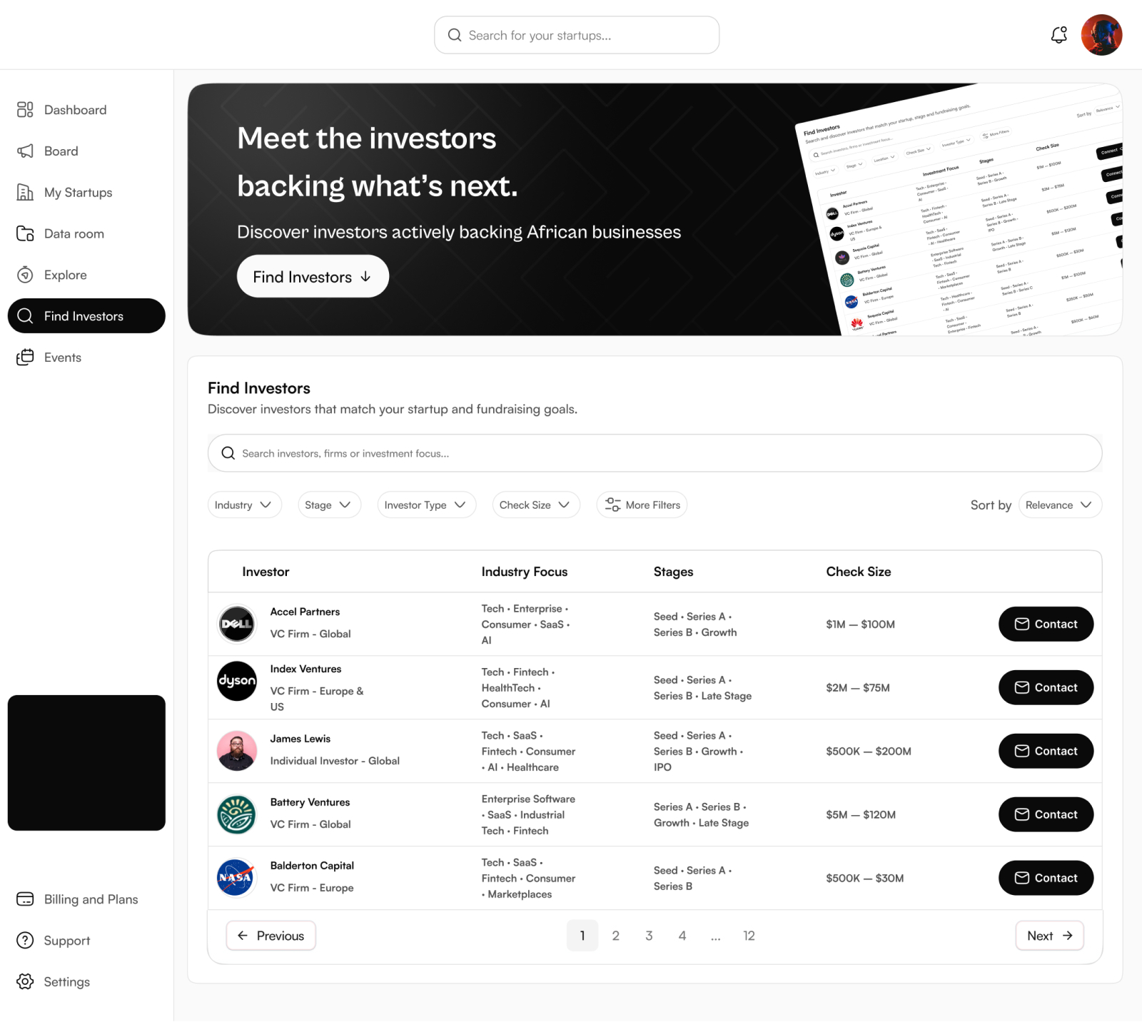 Seed Find Investors directory with filters and investor rows showing focus, stages and check size.