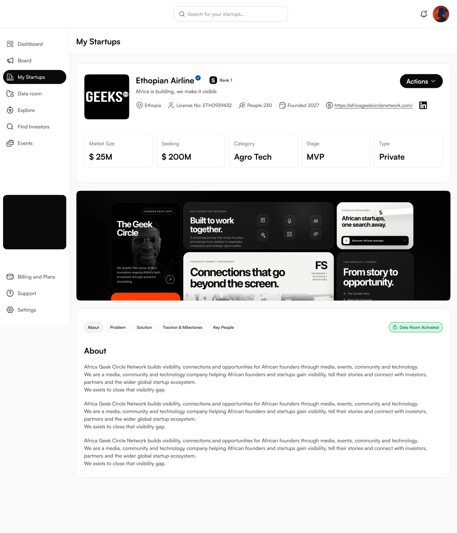 Seed startup profile with key facts, a banner and About, Problem, Solution tabs.
